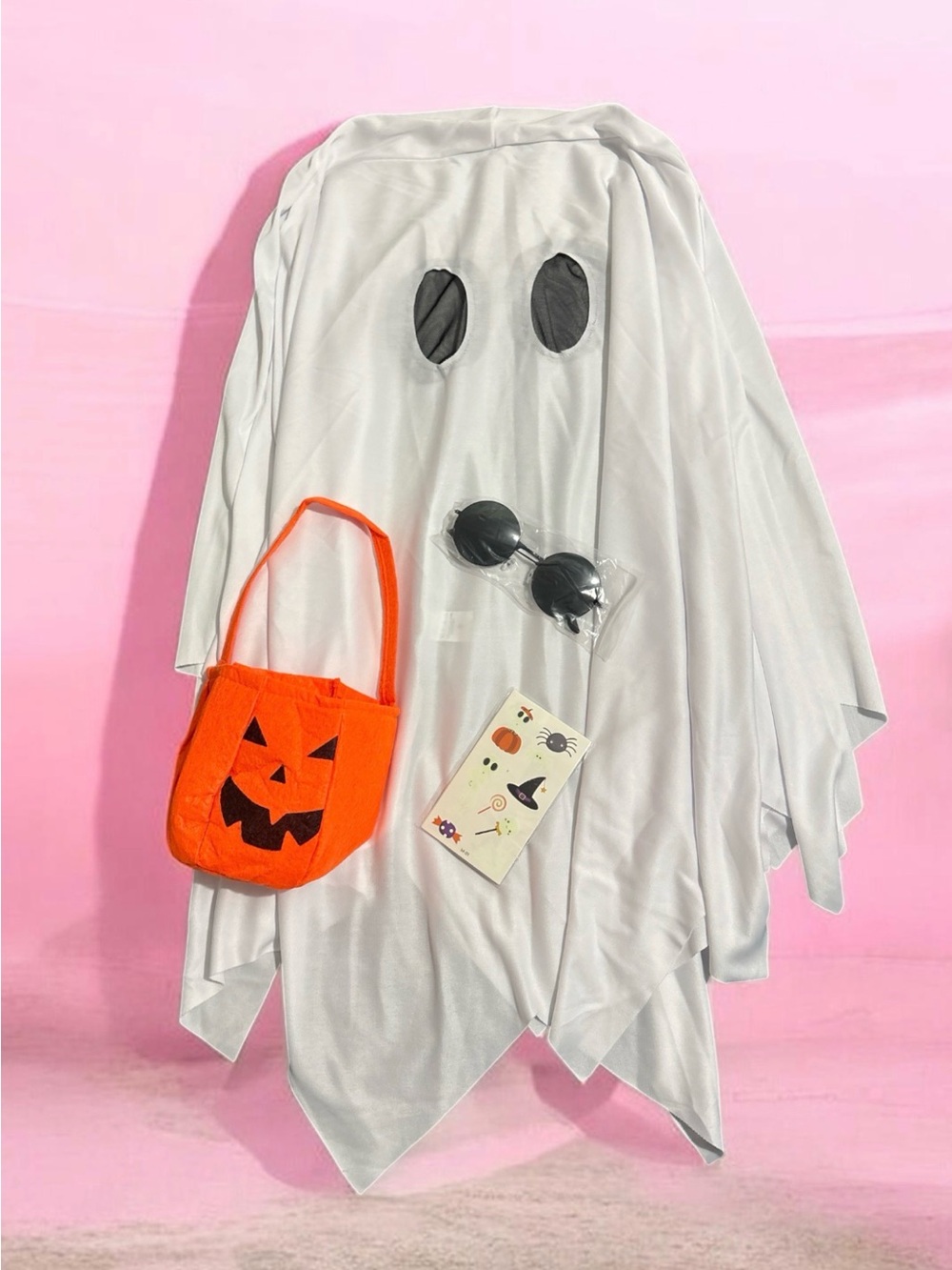 NEW Ghost Costume Set Size Small W/ Pumpkin Bag & Glasses